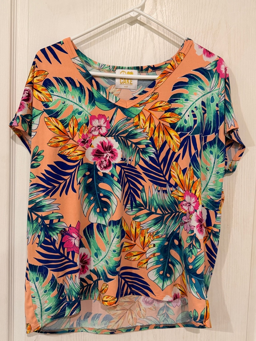 Peace love and Cake Peach Tropical Floral Tee with Teal, Navy & Pink Accents